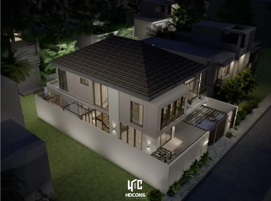 Tổng thể biệt thự với thiết kế chiếu sáng về đêm