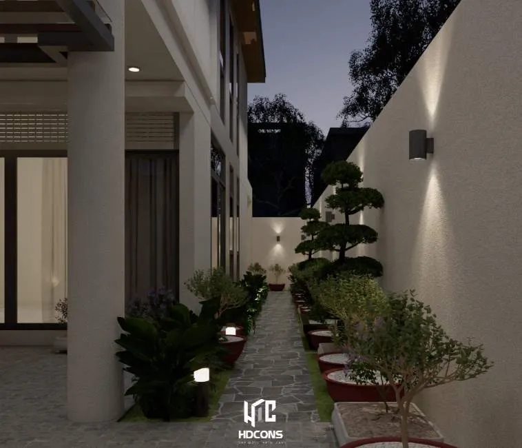Chiếu sáng lối đi bên hông nhà với đèn bollard và đèn gắn tường