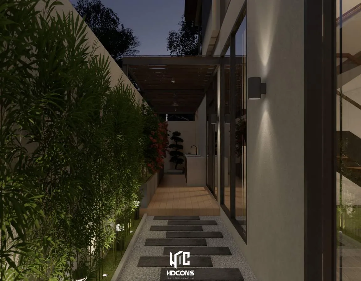 Chiếu sáng lối đi với đèn bollard và đèn gắn tường đảm bảo đủ sáng để sử dụng, nhưng vẫn phù hợp về thẩm mỹ với ánh sáng vàng dịu nhẹ không gây chói