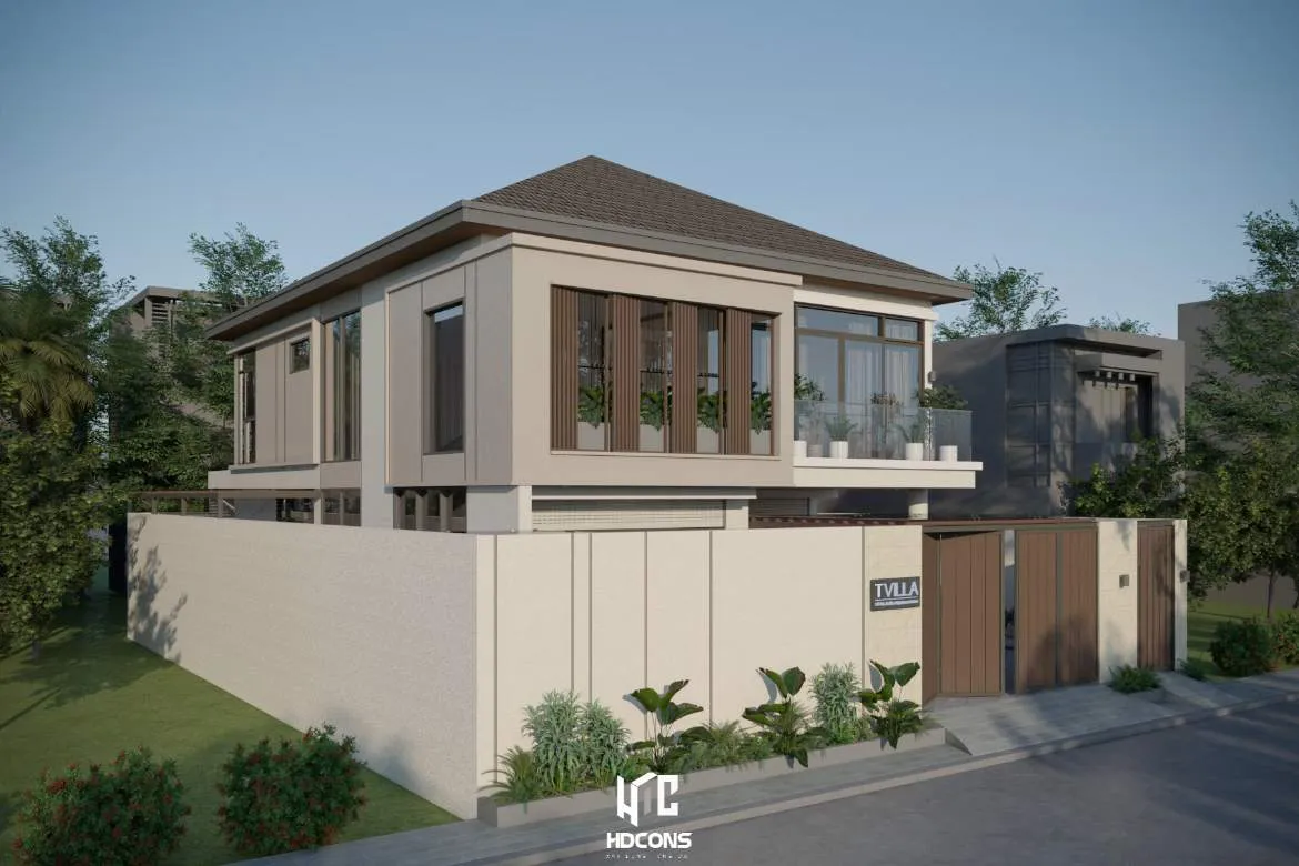 Mặt đứng bên biệt thự với hình khối đơn giản tinh tế