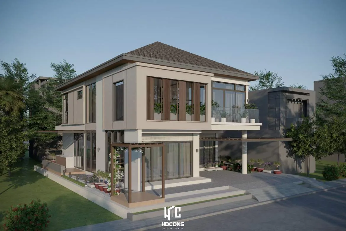 Mặt đứng bên biệt thự bên trong cổng tường rào