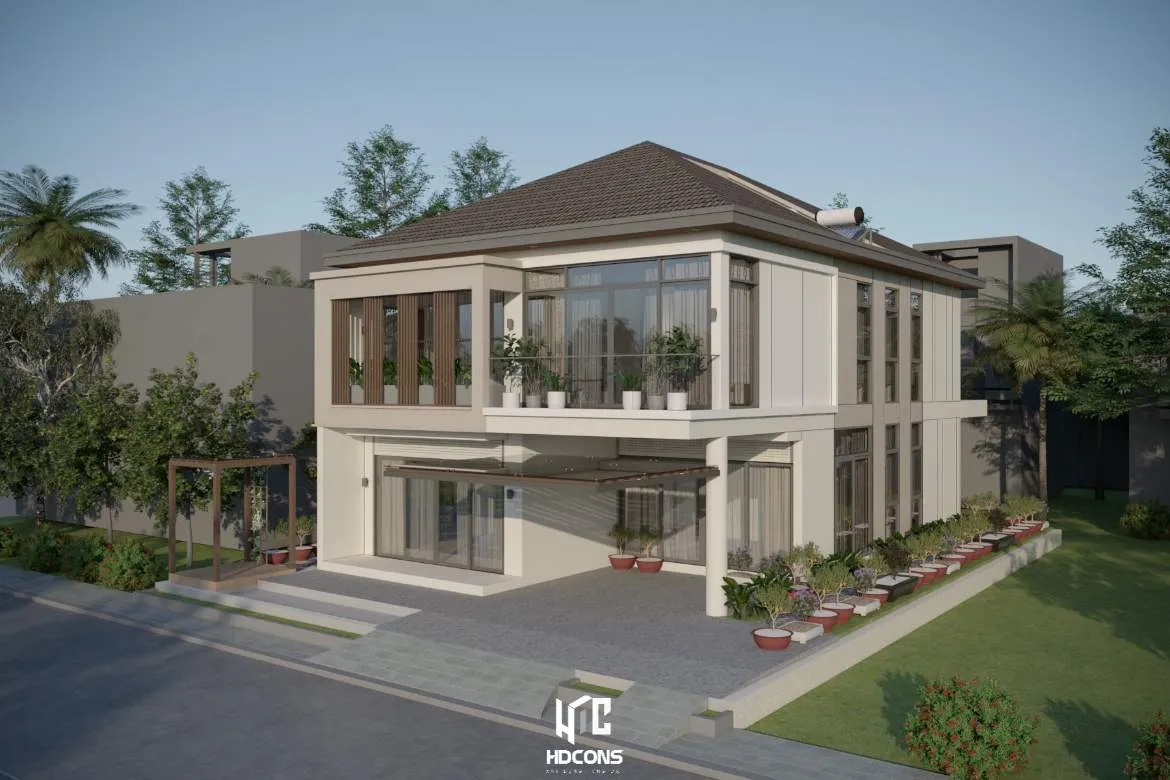 Mặt đứng bên biệt thự bên trong cổng tường rào với mái che garage và lối đi với các chậu cây sưu tầm