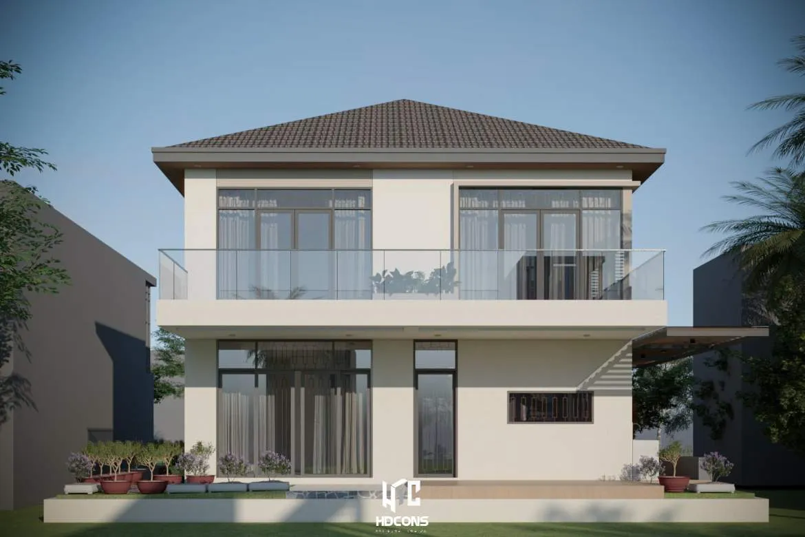 Mặt đứng sau biệt thự đơn giản, mở thoáng view ra xung quanh