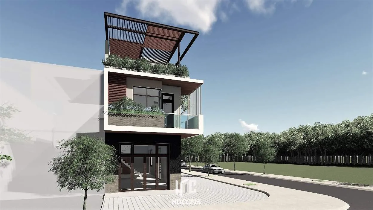 Phối cảnh mặt đứng nhìn từ mặt chính với khối mái vươn ra ấn tượng