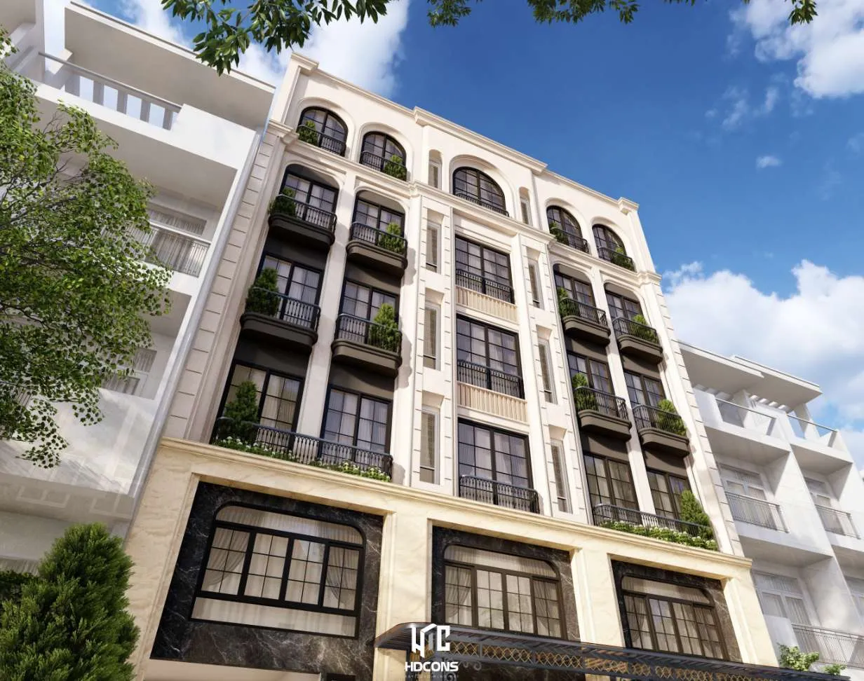 Mặt đứng chính nhìn từ dưới lên đồ sộ và đẳng cấp với vật liệu ốp đá cho khối đế trệt và lửng, sơn đá cho các tầng trên