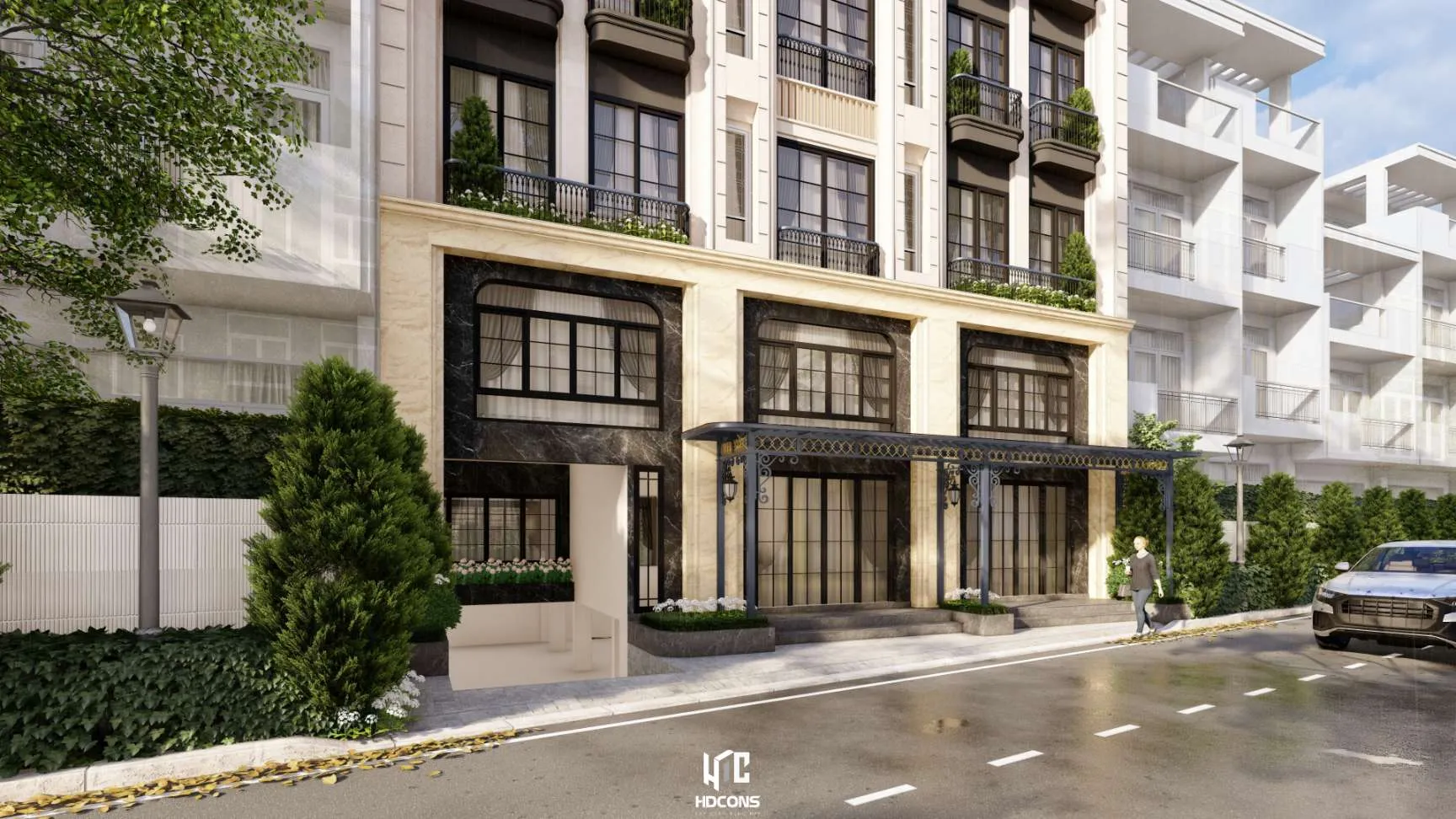 Khối đế với mái che sảnh đón tinh tế