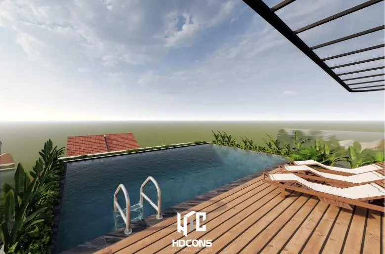 Hồ bơi tràn với sàn deck rộng rãi