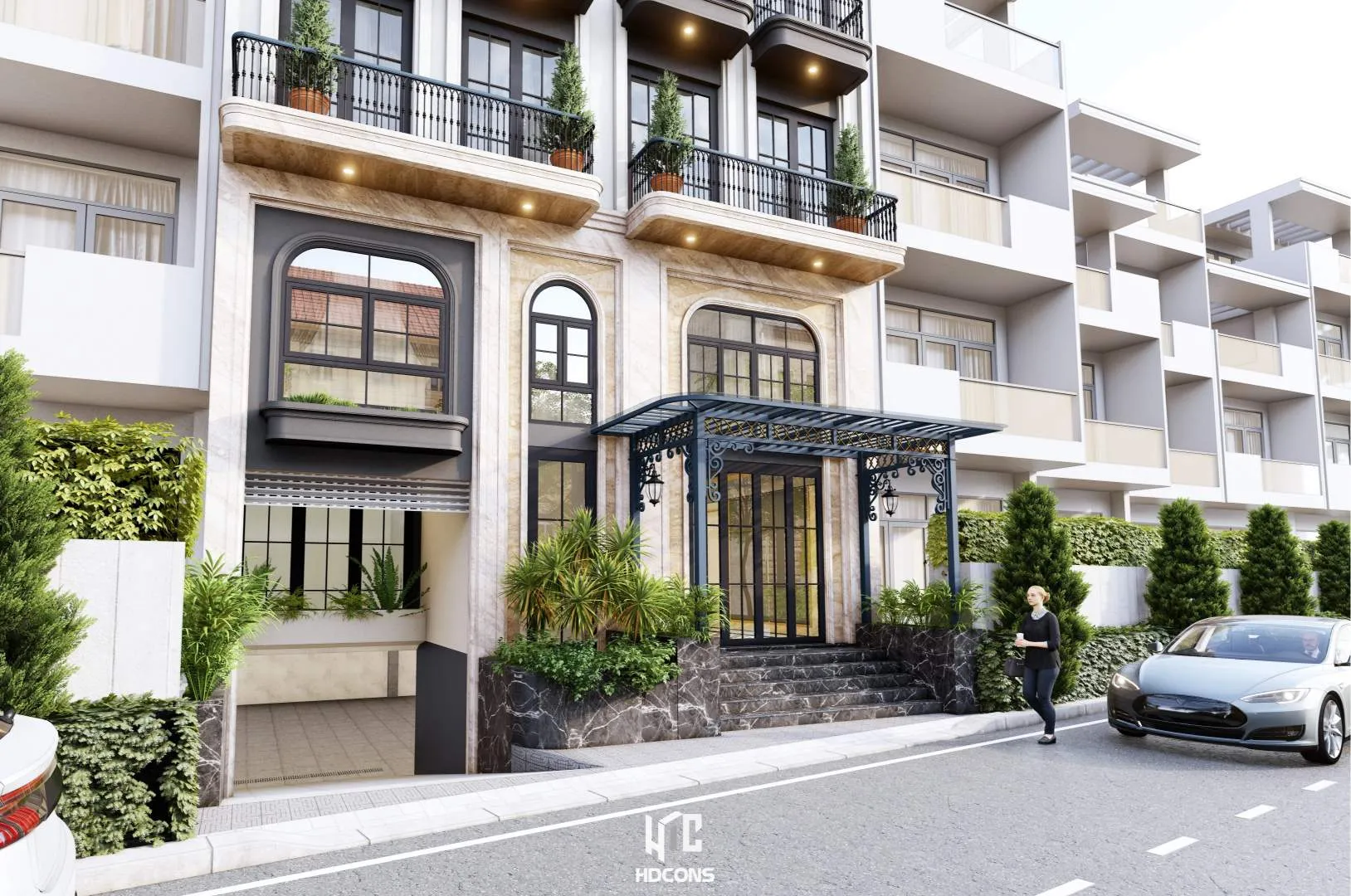 Khối đế với mái che sảnh đón sang trọng