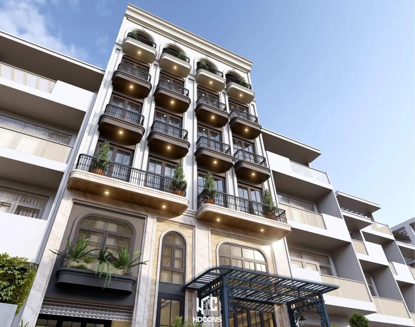 Mặt đứng chính nhìn từ dưới lên đồ sộ và đẳng cấp với vật liệu ốp đá